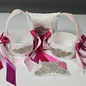 Beautiful Elegant Flower Girl Baskets & Ringbearer Pillow Pink & Rhinestones